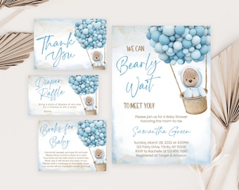 Editable Blue Bear Balloon Baby Shower Invitation Bundle, We Can Bearly Wait Baby Shower Invite, Boho Bear Baby Shower, Blue Balloon BBS321