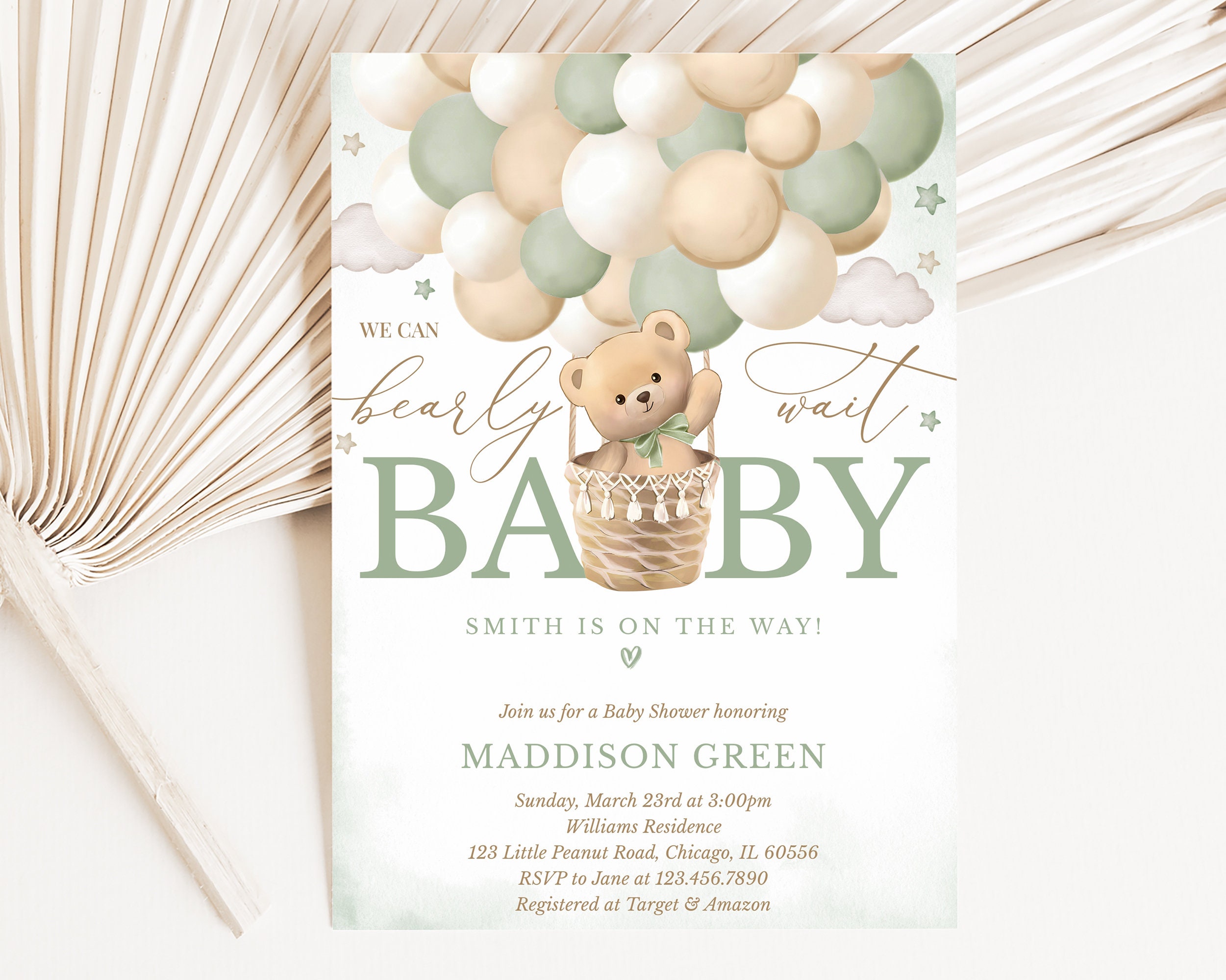 Editable Bear Green Hot Air Balloon Baby Shower Invitation, We Can ...