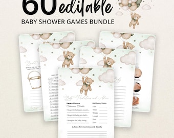 Op de afbeelding: Een bundel van 60 bewerkbare babyshower-spelkaarten met een aquarelillustratie van een teddybeer die een bos beige en saliegroene ballonnen, wolken en sterren vasthoudt. De kaarten bevatten tekst voor voorspellingen en advies.