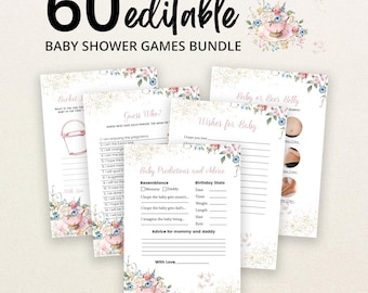 Puede incluir: Un paquete de 60 tarjetas de juegos para baby shower editables con ilustraciones de tazas de té florales, detalles en purpurina dorada y texto que incluye "Guess Who?", "Wishes for Baby" y "Baby Predictions and Advice" en hojas blancas.