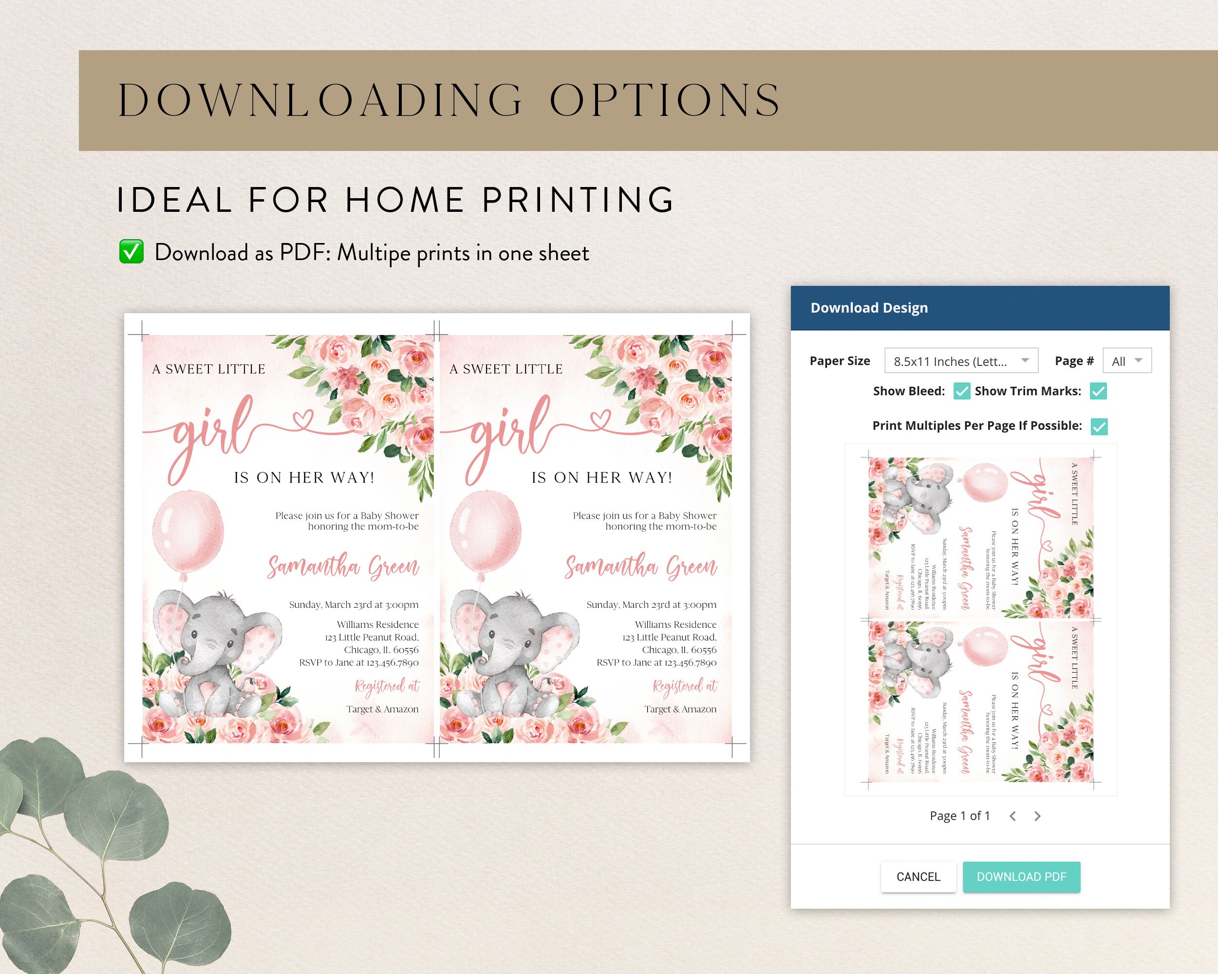 Editable Pink Girl Elephant Baby Shower Invitation Bundle, Pink Floral ...