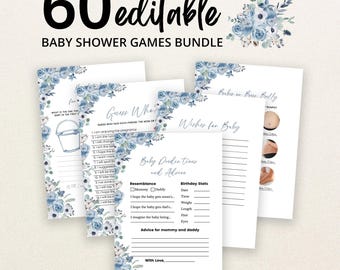 May include: A bundle of 60 editable baby shower game cards featuring blue floral watercolor accents. The cards include titles such as Guess Who, Wishes for Baby, and Baby Predictions and Advice, with black text on white paper sheets.