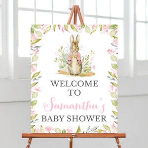 Cartello di benvenuto per baby shower modificabile Peter Rabbit, poster di benvenuto per baby shower rosa Peter Rabbit, decorazione per doccia Peter Rabbit per ragazza, BBS300