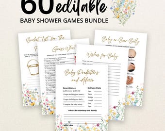 May include: A bundle of 60 editable baby shower game cards featuring floral illustrations at the bottom. The cards include titles like Bucket List for the Baby, Guess Who, Wishes for Baby, Baby or Beer Belly, and Baby Predictions and Advice.