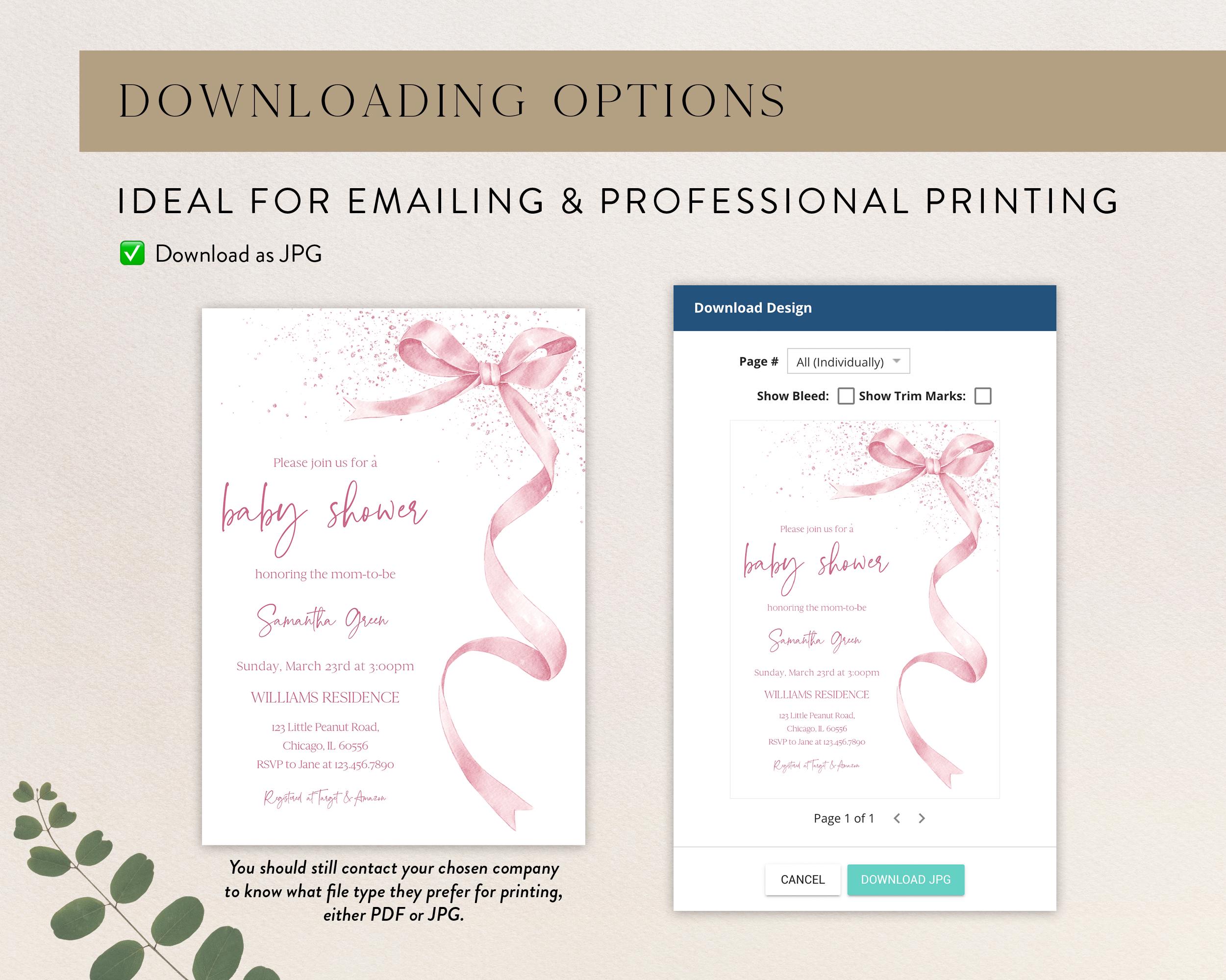 Editable Pink Baby Shower Invitation Bundle, Pink Bow Girl Baby Shower ...