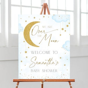 Bearbeitbares Blau Wir sind über dem Mond Babyparty Willkommensschild, Twinkle Little Star Babyparty Poster, Gold Mond Star Jungen Dekor, BBS751