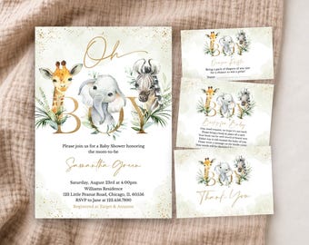 Puede incluir: Un juego de invitaciones para baby shower con ilustraciones en acuarela de una jirafa, un elefante y una cebra con texto dorado que dice Oh Boy. El juego incluye una invitación principal, una tarjeta de rifa, una tarjeta de libros y una de agradecimiento.
