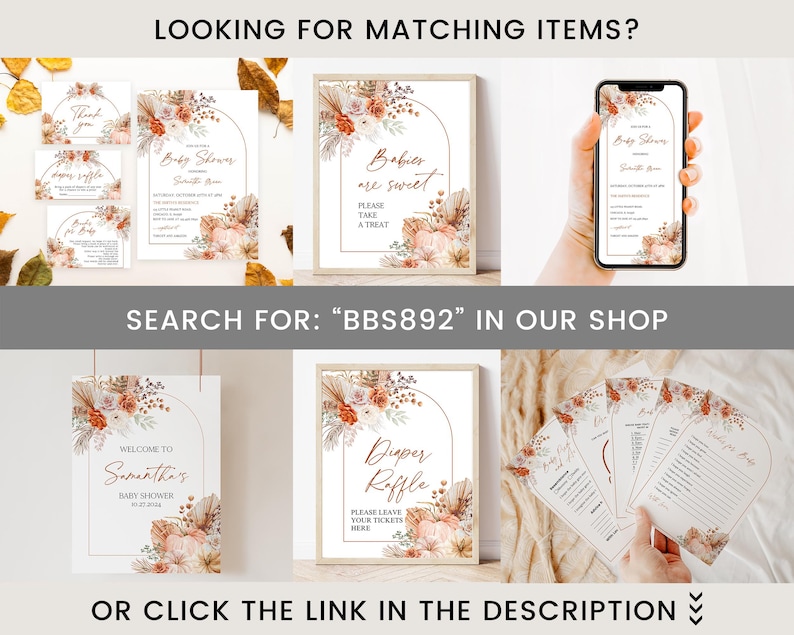 Puede incluir: Una colecci&oacute;n de decoraciones para baby shower, que incluye letreros y tarjetas, con un dise&ntilde;o floral y bot&aacute;nico en tonos melocot&oacute;n, crema y marr&oacute;n. Los letreros presentan texto como "Baby Shower" y "Diaper Raffle". El texto "LOOKING FOR MATCHING ITEMS?" est&aacute; en la parte superior.