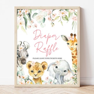 Windelverlosung Zeichen A Little Wild One Girl Jungle Baby Shower, Windel Ticket Zeichen Grün Floral Safari Dschungel Tiere Baby Shower, BBS393