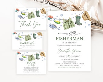 Editable A Little Fisherman Baby Shower Invitation Bundle, Boy Fishing Baby Shower Invite, Green Fishing Baby Shower Invitation, BBS687
