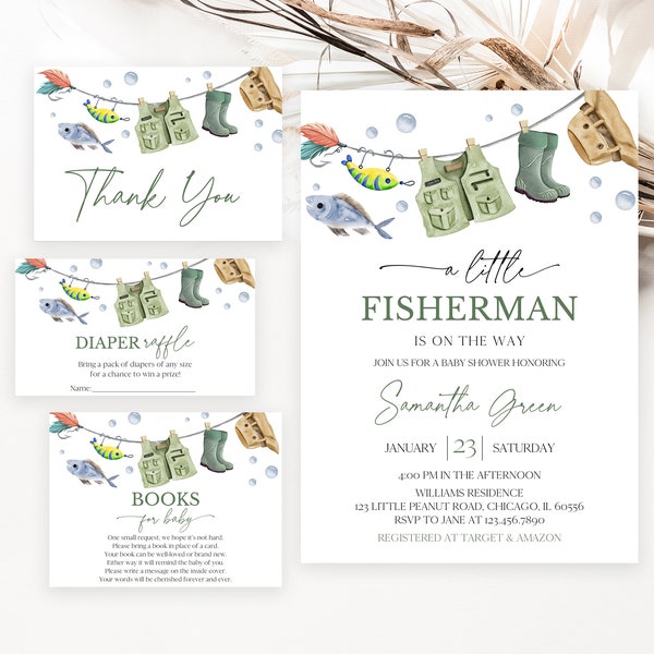 Editable A Little Fisherman Baby Shower Invitation Bundle, Boy Fishing Baby Shower Invite, Green Fishing Baby Shower Invitation, BBS687