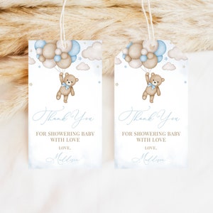 Cadeau modifiable étiquette de remerciement pour baby shower ballon ours brun, étiquette de remerciement We can Bearly Wait pour baby shower, décoration de douche bleu garçon bohème ours, BBS388