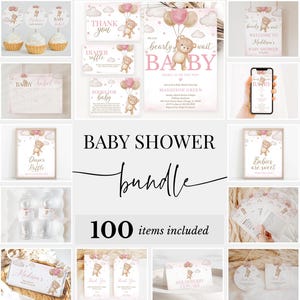 Editable Pink Bear Balloon Baby Shower Bundle, We Can Bearly Wait Baby Shower Invitation Pack, Pink Boho Bear Girl Baby Game Package, BBS742