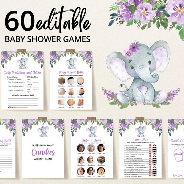 Editable Purple Elephant Baby Shower Game Bundle, Girl Elephant Baby Shower Games, Floral Elephant Baby Shower Activity,Little Peanut,BBS256