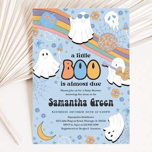 Editable Groovy Little Boo Baby Shower Invitation, Boy Hippie Halloween Baby Shower Invite, Blue Halloween Baby Shower Invite, BBS491