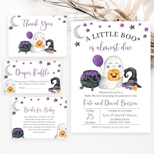Editable Purple A Little Boo Baby Shower Invitation Bundle, Girl Halloween Baby Shower Invite, Ghost Halloween Baby Shower Invite, BBS471