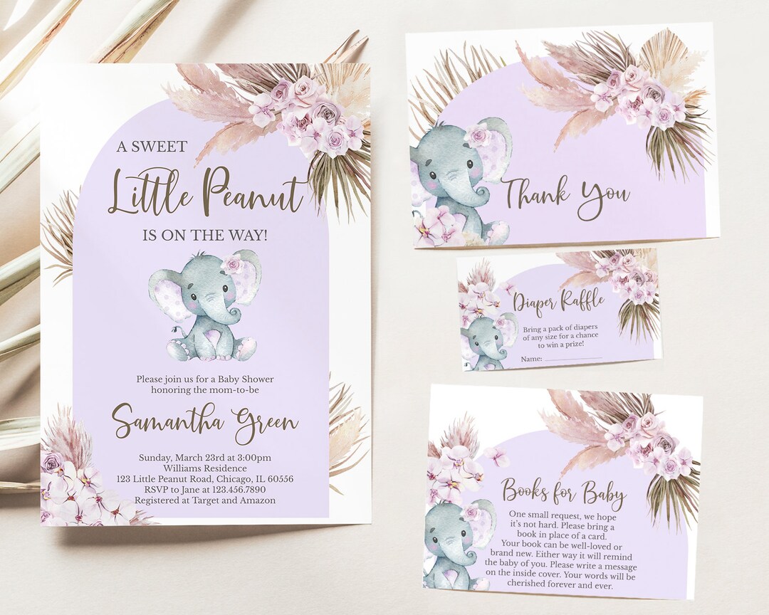 Editable Boho Elephant Baby Shower Invitation Bundle Girl Etsy