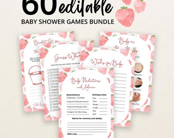 May include: A bundle of 60 editable baby shower game cards featuring a strawberry theme with pink and red fruit illustrations. The cards include titles such as Bucket List for the Baby, Guess Who, Wishes for Baby, and Baby Predictions and Advice.