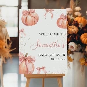 Editable Pink Bow Pumpkin Girl Baby Shower Welcome Sign, Fall Little Pumpkin Baby Shower Poster, Girl Coquette Pink Pumpkin Decor, BBS1131