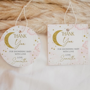Tag modificabile rosa We are Over the Moon Baby Shower, etichetta di ringraziamento per la doccia Twinkle Little Star, bomboniere per ragazza Gold Moon Star, BBS754