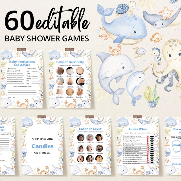 Editable Boy Under the Sea Baby Shower Game Bundle, Ocean Baby Shower Game Pack, Blue Nautical Baby Shower Games, BBS368