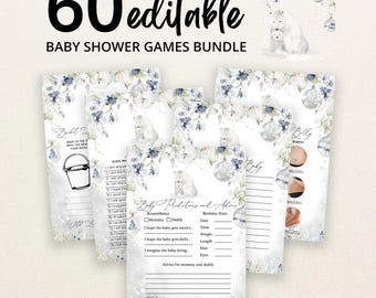 Peut inclure: Un lot de 60 cartes de jeux de fête prénatale modifiables sur le thème de l'hiver, avec des illustrations d'ours polaires et d'ornements bleus et argentés. Les cartes incluent du texte comme Baby Predictions and Advice, Bucket List et Guess Who, avec des lignes vides pour écrire des réponses et des cases à cocher.