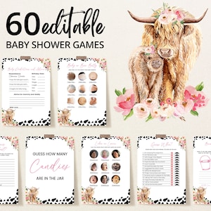 Editable Holy Cow Baby Shower Game Bundle, Girl Highland Cow Baby Shower Game Pack, Pink Floral Highland Cow Shower Games, BBS733