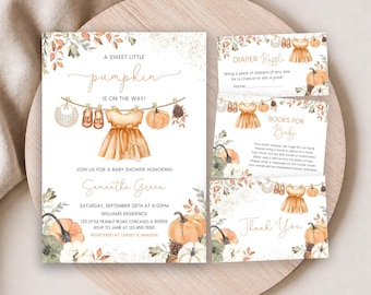 May include: A baby shower invitation set featuring watercolor illustrations of pumpkins, autumn leaves, and baby clothes on a clothesline. The text reads A Sweet Little Pumpkin Is On The Way, Diaper Raffle, Books For Baby, and Thank You.