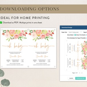 May include: A printable baby shower invitation design with watercolor floral and citrus elements. The invitation features the words "oh baby" in gold script. The design includes a PDF download option for home printing.