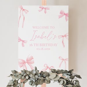 Panneau de bienvenue modifiable d'anniversaire de noeud rose, affiche d'anniversaire de fille de noeud rose, décoration minimaliste de ruban de fille rose, BRT336