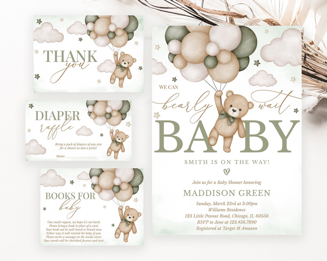 Editable Gender Neutral Bear Baby Shower Invitation Bundle We