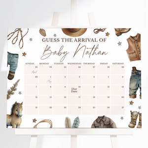 Editable A Little Cowboy Baby Shower Guess Baby's Arrival, Calendario de fecha de vencimiento de West Baby Shower, Decoración de baby shower de vaquero azul, Rodeo Baby, BBS708