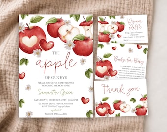 Paquete de invitaciones editables para baby shower "La niña de nuestros ojos", invitación para baby shower "Cosecha de manzanas", invitación para baby shower "Amarillo otoñal", BBS899