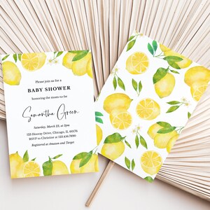 May include: Baby shower invitation with a watercolour lemon design. The invitation includes the text "Please join us for a BABY SHOWER honoring the mom-to-be" and event details. A matching card with a lemon pattern is also shown.