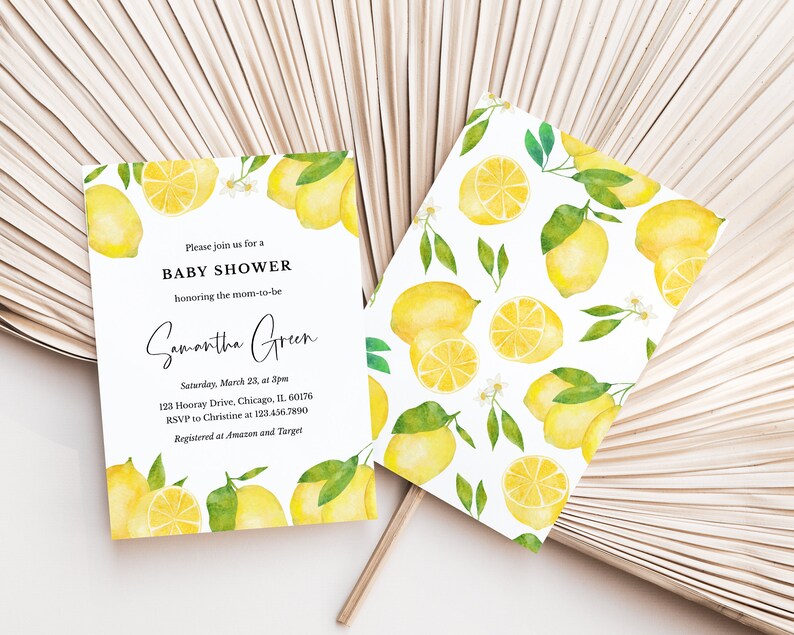 May include: Baby shower invitation with a watercolour lemon design. The invitation includes the text "Please join us for a BABY SHOWER honoring the mom-to-be" and event details. A matching card with a lemon pattern is also shown.