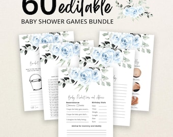 Puede incluir: Un paquete de 60 tarjetas de juegos para baby shower editables con rosas en acuarela azul claro y hojas verdes. Las tarjetas incluyen texto como Baby Predictions and Advice, Bucket List y Guess Who, con líneas en blanco para escribir.