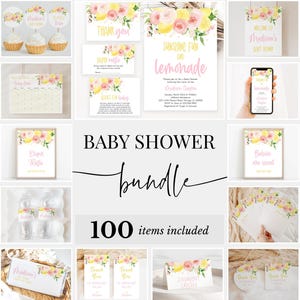 Editable Lemonade Baby Shower Bundle, Sunshine Lemonade Baby Shower Invitation Pack, Pink Floral Lemonade Baby Shower Games Package,  BBS403