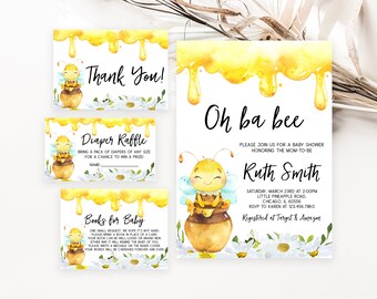 May include: A set of baby shower stationery featuring watercolour honey drips, a bee sitting on a honey pot, and white daisies. The cards include text such as Thank You, Diaper Raffle, Books for Baby, and Oh ba bee, honouring Ruth Smith on March 23rd.