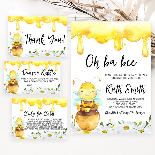 Editable Oh BaBee Baby Shower Invitation Bundle, Honey Bee Baby Shower Invite, Bee Baby Shower Invitation Template, Sweet as can bee, BBS198