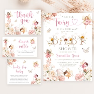 Pacchetto invito per baby shower piccola fata modificabile, pacchetto invito per baby shower fata fiori selvatici, ragazza fata rosa baby shower, BBS632