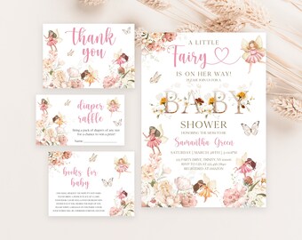 May include: A set of four printable baby shower cards with a fairy theme. The cards are decorated with pink and white flowers, butterflies, and fairies. The text on the cards includes "A Little Fairy is on Her Way!" "Baby Shower", "Thank You", "Diaper Raffle", and "Books for Baby".