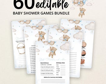 Peut inclure: Un lot de 60 cartes de jeux de baby shower modifiables illustrées d'un ours en peluche tenant des ballons bleus et beiges, des nuages et des étoiles. Les cartes présentent du texte pour des prédictions et des conseils sur papier blanc.