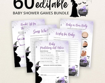 May include: A bundle of 60 editable baby shower game cards featuring a purple watercolor theme, black silhouettes of pregnant figures in witch hats, spider webs, bats, and cauldrons. The cards include titles like Bucket List, Guess Who, Wishes for Baby, and Baby Predictions and Advice.