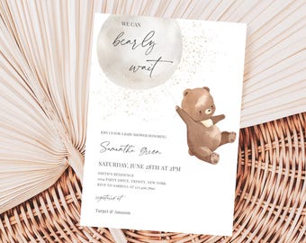 Editable Gender Neutral Bear Baby Shower Invitation, We Can Bearly Wait Baby Shower Invite, Brown Boho Bear Baby Shower, BBS855