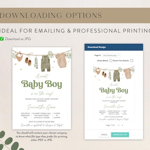 May include: A baby shower invitation with the text "A sweet Baby Boy is on the way!" in green script. The invitation features watercolor illustrations of baby clothes and shoes hanging on a clothesline. The design is available for download as a JPG.