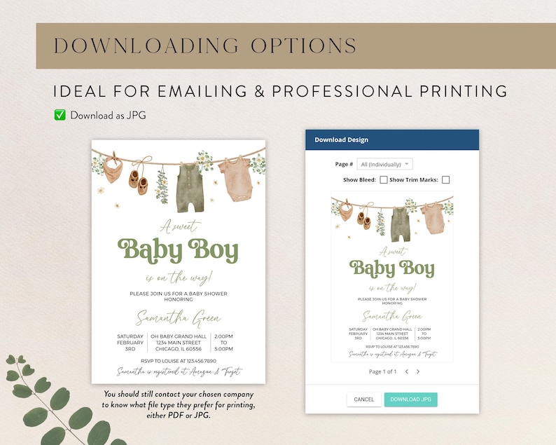 May include: A baby shower invitation with the text "A sweet Baby Boy is on the way!" in green script. The invitation features watercolor illustrations of baby clothes and shoes hanging on a clothesline. The design is available for download as a JPG.