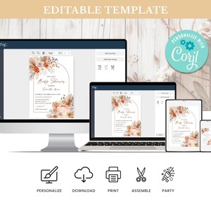 Puede incluir: Una plantilla de invitaci&oacute;n para baby shower que se muestra en una computadora de escritorio, una computadora port&aacute;til, una tableta y un tel&eacute;fono inteligente. La invitaci&oacute;n presenta un dise&ntilde;o floral con el texto "Baby Shower" y los detalles del evento. Se muestran iconos para personalizar, descargar, imprimir, montar y fiesta.
