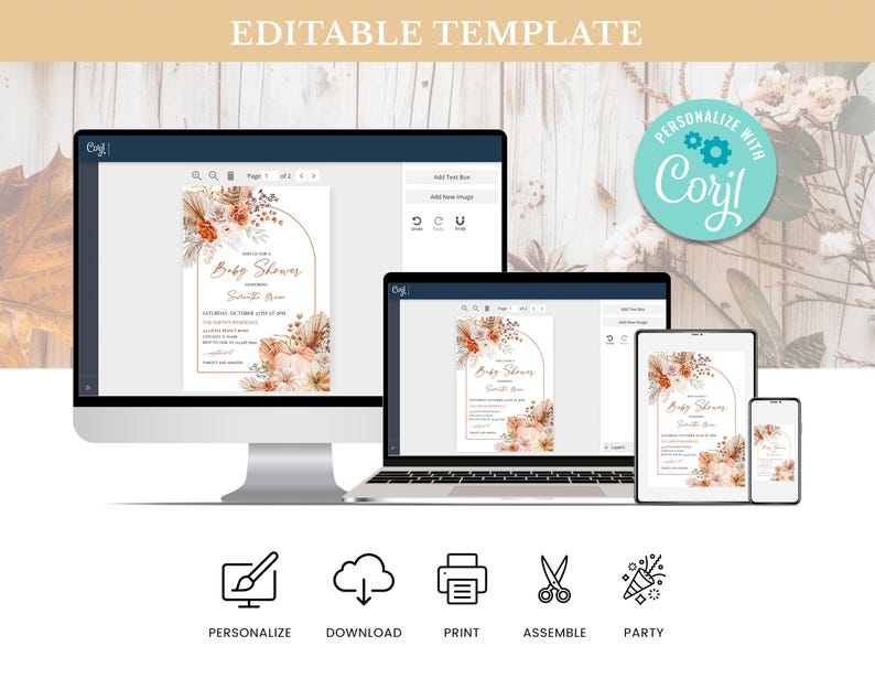 Puede incluir: Una plantilla de invitaci&oacute;n para baby shower que se muestra en una computadora de escritorio, una computadora port&aacute;til, una tableta y un tel&eacute;fono inteligente. La invitaci&oacute;n presenta un dise&ntilde;o floral con el texto "Baby Shower" y los detalles del evento. Se muestran iconos para personalizar, descargar, imprimir, montar y fiesta.
