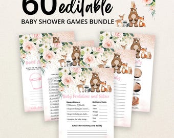 May include: A bundle of 60 editable baby shower game cards featuring watercolor illustrations of a bear, fox, deer, and raccoon surrounded by pink roses and gold glitter accents. The cards include titles like Baby Predictions and Advice.
