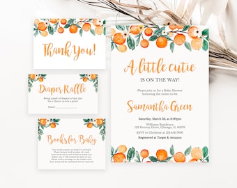 Editable Little Cutie Baby Shower Invitation Set, Orange Baby Shower Invite, Gender Neutral Orange Citrus Baby Shower Invite, Citrus BBS250